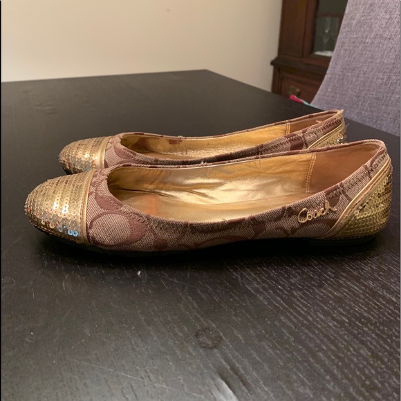 Coach Shoes - Gold shine sequin Coach Flats size tan 5.5